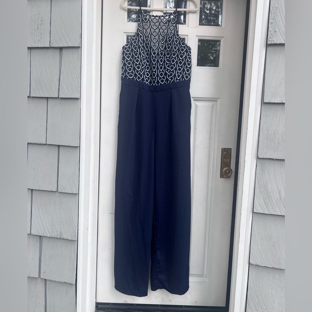 Little Mistress tall lace applique top jumpsuit in navy